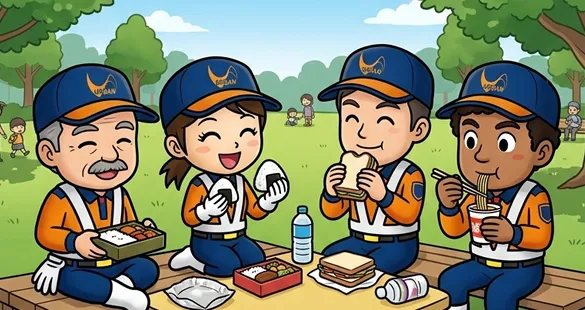 お昼休憩を取る警備員のイラスト